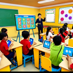 **Gamified Learning:** A vibrant, engaging classroom scene. Students are enthusiastically participating in a lesson where points are being awarded. Visualize leaderboards, colorful graphics, and interactive elements on tablets or screens. The overall atmosphere should be fun and motivational, incorporating elements of popular Vietnamese games or cultural references.