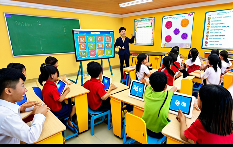 **Gamified Learning:** A vibrant, engaging classroom scene. Students are enthusiastically participating in a lesson where points are being awarded. Visualize leaderboards, colorful graphics, and interactive elements on tablets or screens. The overall atmosphere should be fun and motivational, incorporating elements of popular Vietnamese games or cultural references.