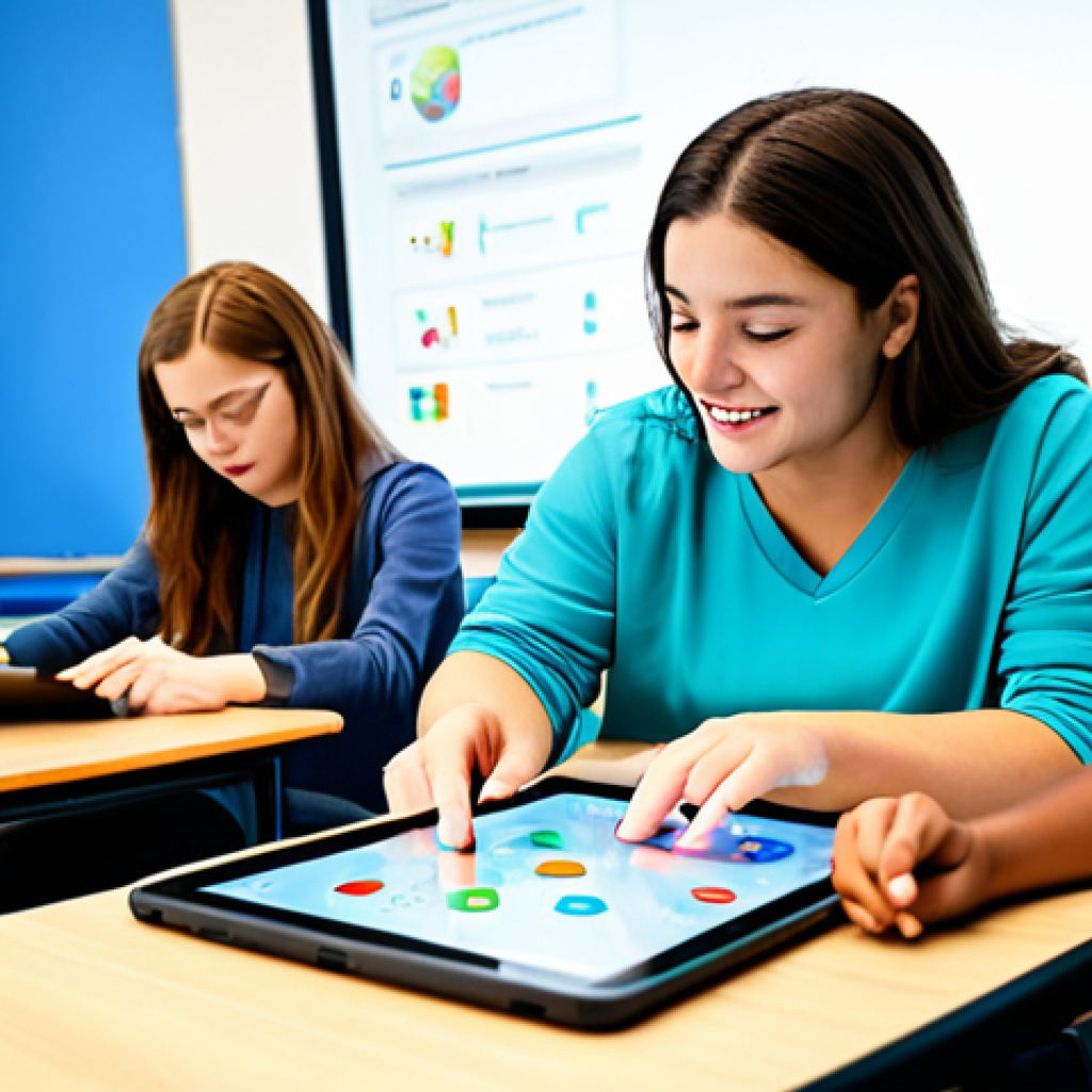 "A diverse group of students collaboratively playing a learning game on tablets in a bright, modern classroom. Fully clothed in casual, appropriate attire. Background shows interactive educational displays. Safe for work, perfect anatomy, correct proportions, well-formed hands, professional, family-friendly."