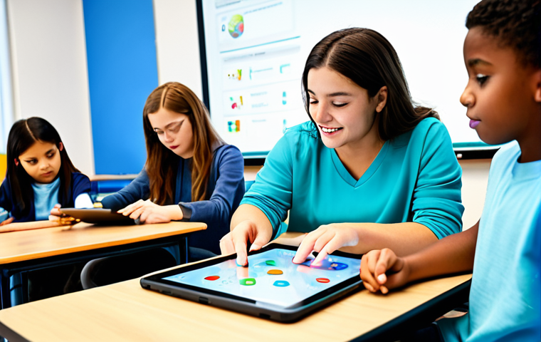 "A diverse group of students collaboratively playing a learning game on tablets in a bright, modern classroom. Fully clothed in casual, appropriate attire. Background shows interactive educational displays. Safe for work, perfect anatomy, correct proportions, well-formed hands, professional, family-friendly."