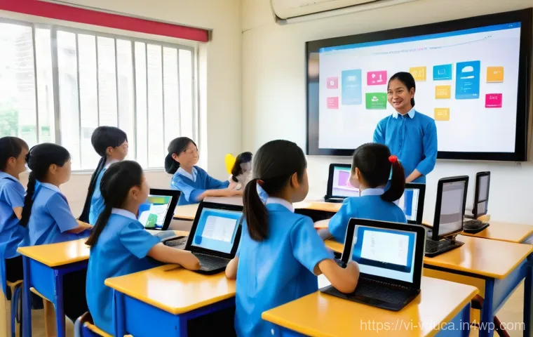 게이미피케이션 교육의 문화적 차이 - A group of diverse Vietnamese students, including boys and girls (ages 10-15), are actively engaged ...