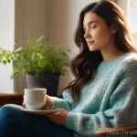 Home 16 게이미피케이션과 학습 성과의 관계 - A cozy indoor scene featuring a young woman in her mid-20s, with long dark hair, comfortably seated ...