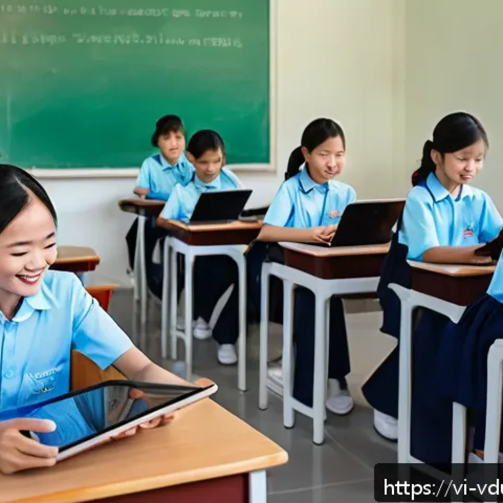게이미피케이션 교육 프로그램의 효과 평가 방법 - A modern classroom scene in Vietnam featuring diverse students engaged with digital gamified learnin...