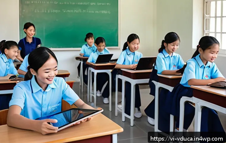 게이미피케이션 교육 프로그램의 효과 평가 방법 - A modern classroom scene in Vietnam featuring diverse students engaged with digital gamified learnin...