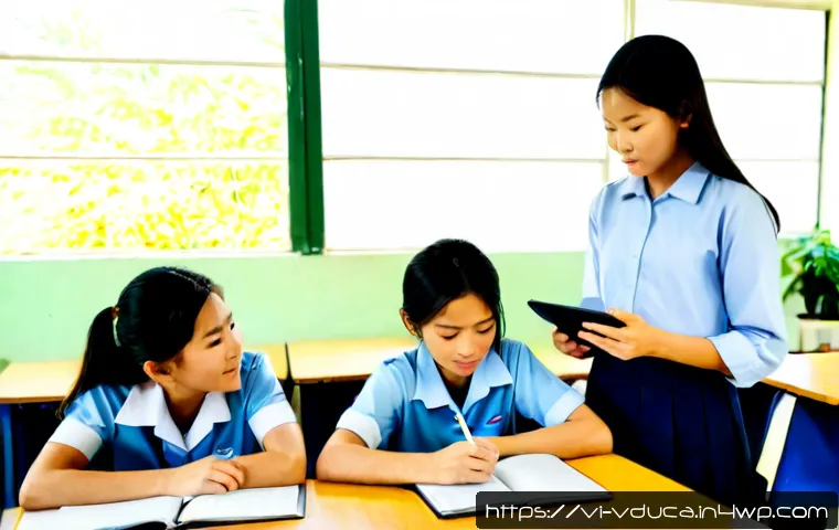 Home 17 게이미피케이션 교육의 지속 가능성 검토 - Photorealistic Vietnamese secondary school classroom, diverse teenage students in neat uniforms coll...